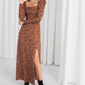 & Other Stories Ruched Floral Camel Maxi Dress
